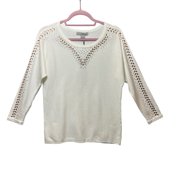 By Design White Embellished Round Neck Sweater Knit Top Women's Size S Pull Over - Picture 1 of 5